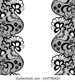 Seamless lace border. Vector illustration. Black lacy vintage elegant trim.