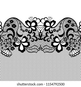 Seamless lace border. Vector illustration. Black lacy vintage elegant trim.