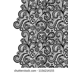 Seamless lace border. Vector illustration. Black lacy vintage elegant trim.