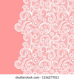 Seamless lace border. Vector illustration. White lacy vintage elegant trim.