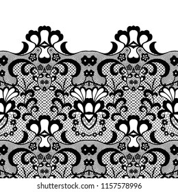 Seamless lace border. Vector illustration. Black lacy vintage elegant trim.