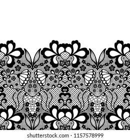 Seamless lace border. Vector illustration. Black lacy vintage elegant trim.