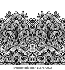 Seamless lace border. Vector illustration. Black lacy vintage elegant trim.