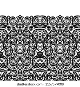 Seamless lace border. Vector illustration. Black lacy vintage elegant trim.