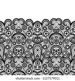 Seamless lace border. Vector illustration. Black lacy vintage elegant trim.