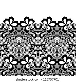 Seamless lace border. Vector illustration. Black lacy vintage elegant trim.