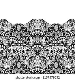 Seamless lace border. Vector illustration. Black lacy vintage elegant trim.
