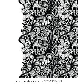 Seamless lace border. Vector illustration. Black lacy vintage elegant trim.
