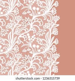 Seamless lace border. Vector illustration. White lacy vintage elegant trim.