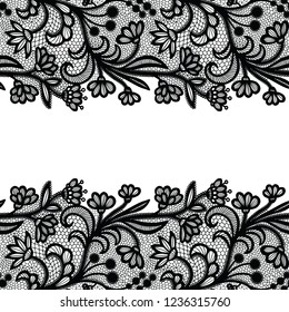 Seamless lace border. Vector illustration. Black lacy vintage elegant trim.