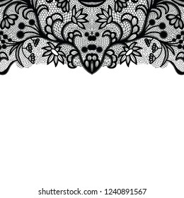 Seamless lace border. Vector illustration. Black lacy vintage elegant trim.