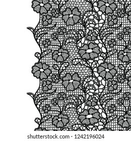 Seamless lace border. Vector illustration. Black lacy vintage elegant trim.