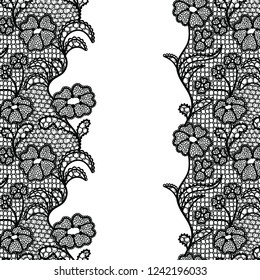 Seamless lace border. Vector illustration. Black lacy vintage elegant trim.