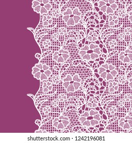 Seamless lace border. Vector illustration. White lacy vintage elegant trim.