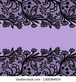 Seamless lace border. Vector illustration. Black lacy vintage elegant trim.