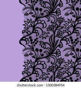 Seamless lace border. Vector illustration. Black lacy vintage elegant trim.