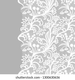 Seamless lace border. Vector illustration. White lacy vintage elegant trim.