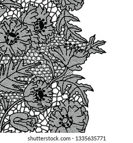 Seamless lace border. Vector illustration. Black lacy vintage elegant trim.