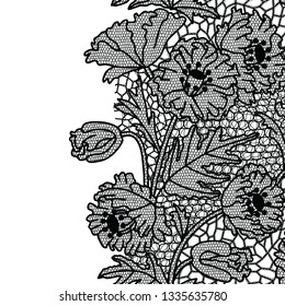 Seamless lace border. Vector illustration. Black lacy vintage elegant trim.