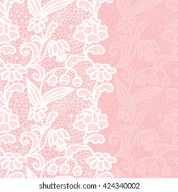 Seamless lace border. Vector illustration. White lacy vintage elegant trim. 