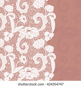 Seamless lace border. Vector illustration. White lacy vintage elegant trim. 