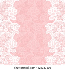 Seamless lace border. Vector illustration. White lacy vintage elegant trim. 