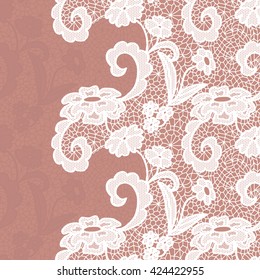 Seamless lace border. Vector illustration. White lacy vintage elegant trim. 