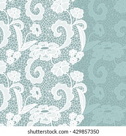 Seamless lace border. Vector illustration. White lacy vintage elegant trim.