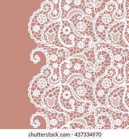 Seamless lace border. Vector illustration. White lacy vintage elegant trim.