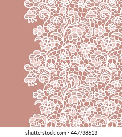 Seamless lace border. Vector illustration. White lacy vintage elegant trim.