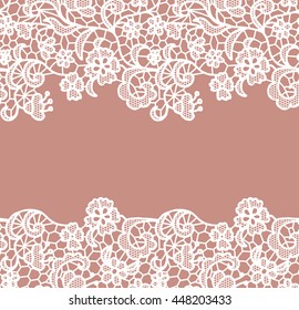 Seamless lace border. Vector illustration. White lacy vintage elegant trim.