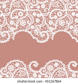 Seamless lace border. Vector illustration. White lacy vintage elegant trim.