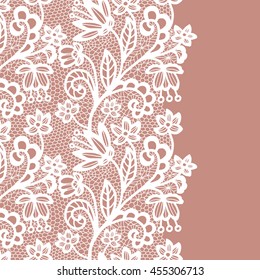 Seamless lace border. Vector illustration. White lacy vintage elegant trim.