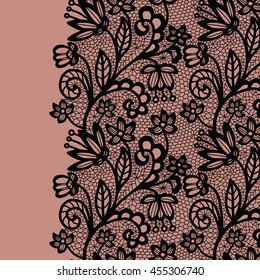 Seamless lace border. Vector illustration. Black lacy vintage elegant trim.