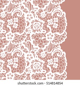 Seamless lace border. Vector illustration. White lacy vintage elegant trim.