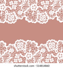 Seamless lace border. Vector illustration. White lacy vintage elegant trim.