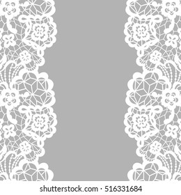 Seamless lace border. Vector illustration. White lacy vintage elegant trim.