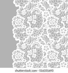 Seamless lace border. Vector illustration. White lacy vintage elegant trim.