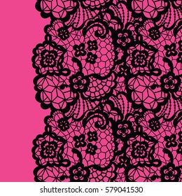 Seamless lace border. Vector illustration. Black lacy vintage elegant trim.