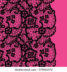 Seamless lace border. Vector illustration. Black lacy vintage elegant trim.