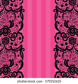 Seamless lace border. Vector illustration. Black lacy vintage elegant trim.