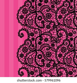 Seamless lace border. Vector illustration. Black lacy vintage elegant trim.