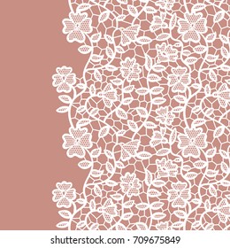 Seamless lace border. Vector illustration. White lacy vintage elegant trim.