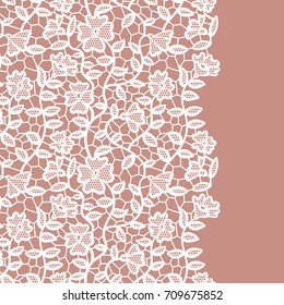 Seamless lace border. Vector illustration. White lacy vintage elegant trim.