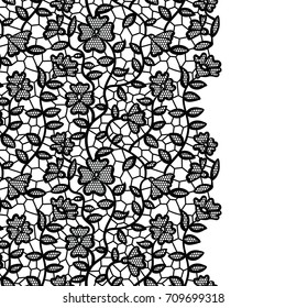 Seamless lace border. Vector illustration. Black lacy vintage elegant trim.