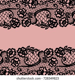 Seamless lace border. Vector illustration. Black lacy vintage elegant trim.
