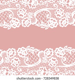 Seamless lace border. Vector illustration. White lacy vintage elegant trim.