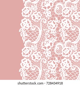 Seamless lace border. Vector illustration. White lacy vintage elegant trim.