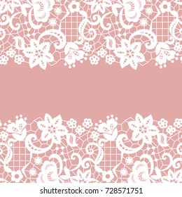 Seamless lace border. Vector illustration. White lacy vintage elegant trim.