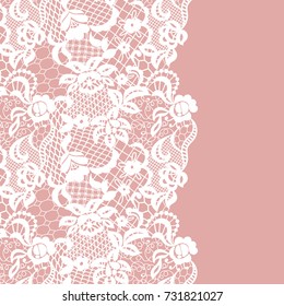 Seamless lace border. Vector illustration. White lacy vintage elegant trim.